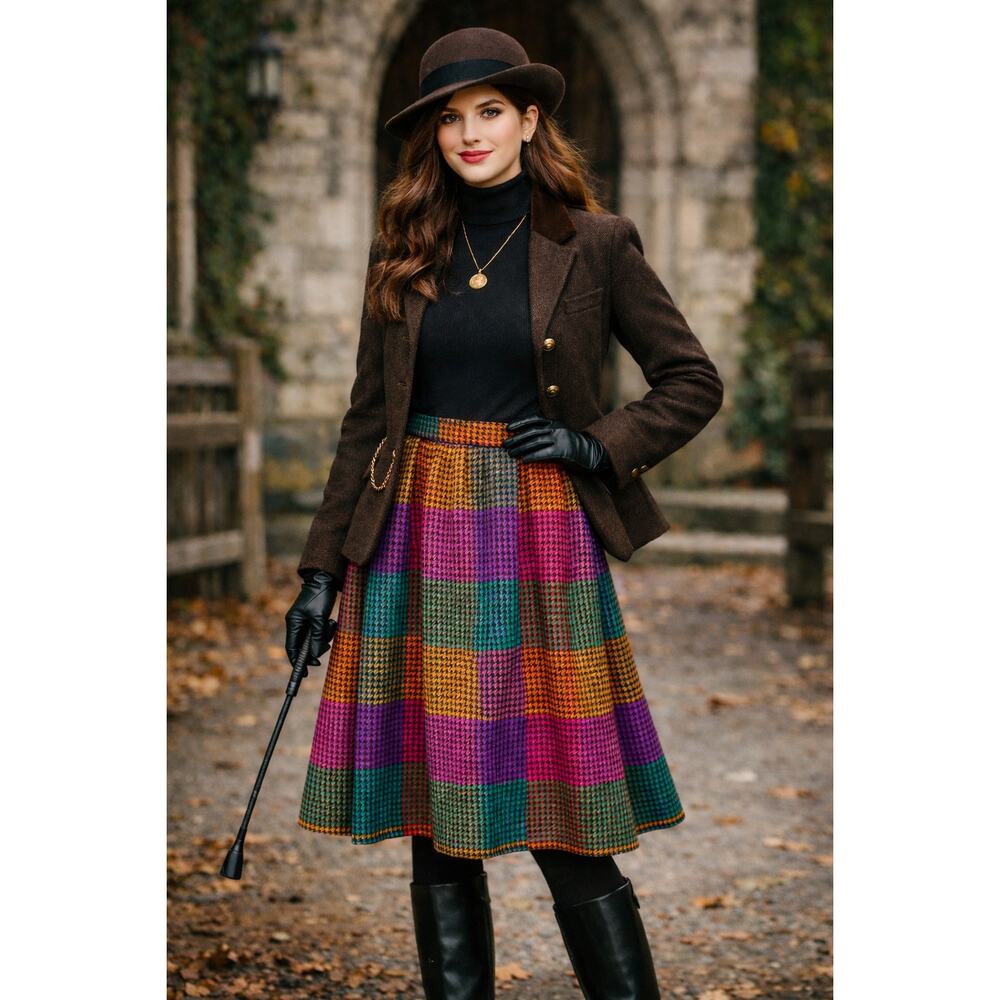 Vintage Richard Evans 100% Wool Skirt Colorful Haundstooth Check Academia Sz 10